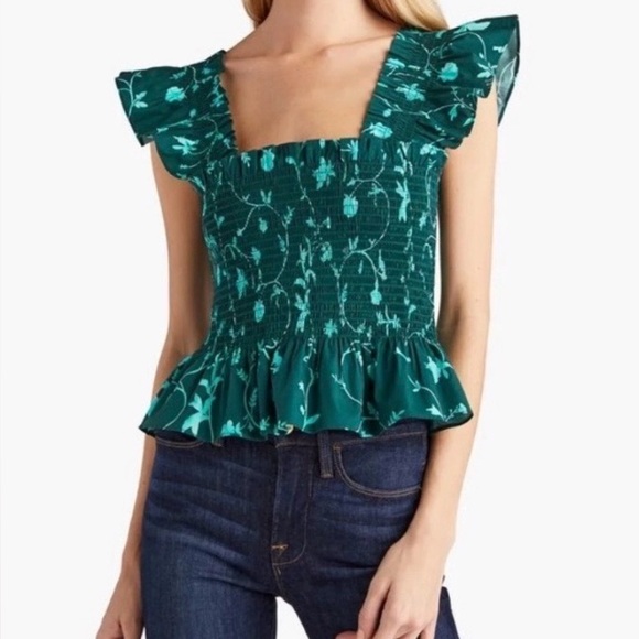 Hill House Tops - Hill House Top The Paz Green Botanical Floral Smocked Cap Sleeveless